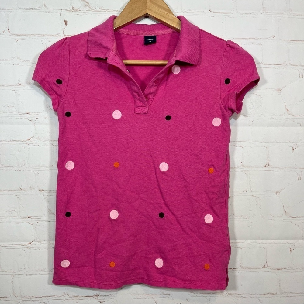 Gap Kids Polka Dot Polo Shirt Girls XL 12 Pink Embroidered